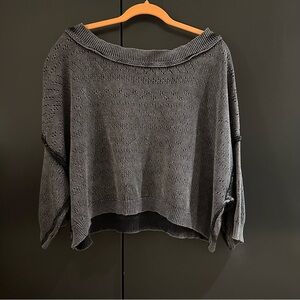free people crop pointelle washed black off shoulder cotton summery sweater L